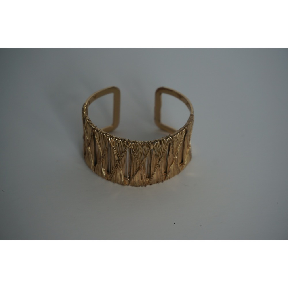Gold Tone Wire Wrapped Cuff Bracelet Textured Statement Wide Open Bangle Boho